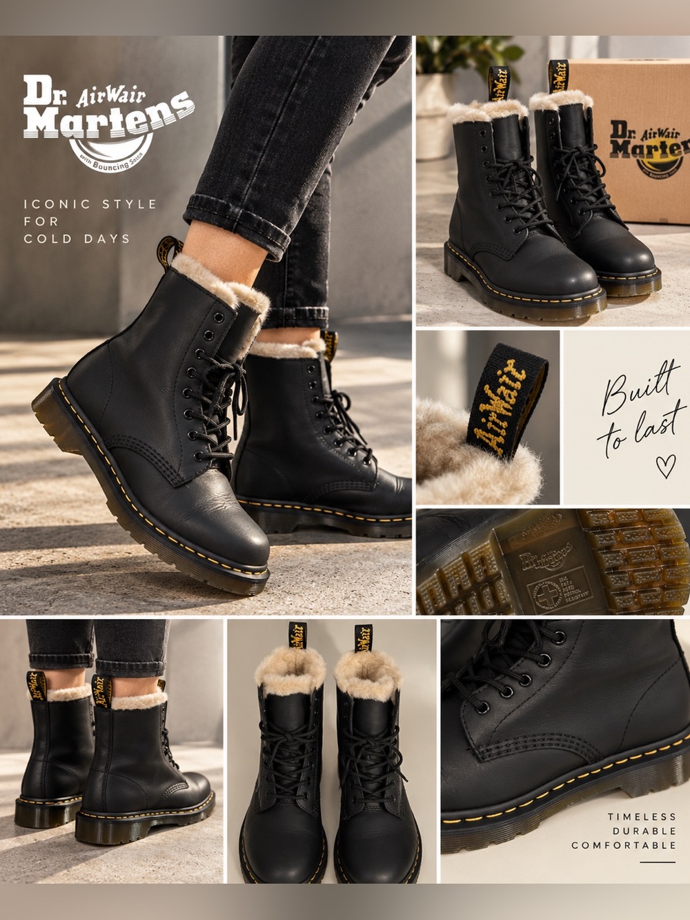 Dr. Martens Black Leather Lace-Up Shearling Cuff Boots Sz 7 never worn